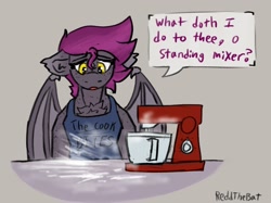 Size: 1604x1198 | Tagged: safe, artist:reddthebat, oc, oc only, oc:selena (reddthebat), bat pony, pony, apron, bat pony oc, chest fluff, clothes, dialogue, disappointed, ear fluff, female, floppy ears, flour, gray background, lidded eyes, mare, mixer, sad, signature, simple background, solo, speech bubble, ye olde english