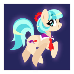 Size: 1750x1750 | Tagged: safe, artist:vivian reed, coco pommel, earth pony, pony, g4, blue background, border, cocobetes, cute, dark blue background, eyebrows, eyebrows visible through hair, female, lineless, mare, simple background, smiling, solo