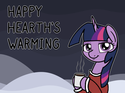 Size: 2048x1520 | Tagged: safe, artist:ewoudcponies, twilight sparkle, pony, g4, bust, chocolate, female, food, happy hearth's warming, hearth's warming, hoof hold, hot chocolate, lidded eyes, looking at you, mare, mug, smiling, smiling at you, solo