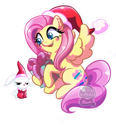 Size: 1200x1300 | Tagged: safe, artist:royalbabble, angel bunny, fluttershy, pegasus, pony, g4, angel bunny is not amused, blush sticker, blushing, christmas, cute, duo, duo male and female, elf costume, female, frown, hat, holiday, male, mare, present, santa hat, shyabetes, simple background, transparent background, unamused