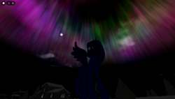 Size: 1858x1057 | Tagged: safe, princess luna, alicorn, pony, g4, aurora borealis, female, game screencap, house, moon, night, roblox, solo, tree, twisted (game)