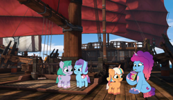 Size: 1862x1080 | Tagged: safe, artist:caseyben887, artist:prixy05, glory (g5), misty brightdawn, peach fizz, seashell (g5), earth pony, pegasus, pony, unicorn, g5, my little pony: tell your tale, bow, cloud, coat markings, drink, drinking, female, filly, foal, group, horn, mare, outdoors, pale belly, pippsqueak trio, pippsqueaks, pirate ship, quartet, rebirth misty, rope, shadow fight 3, ship, sky, smoothie, socks (coat markings), straw, tail, tail bow, wooden floor