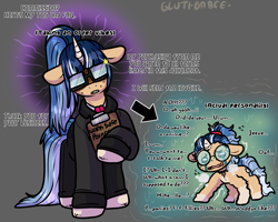 Size: 2000x1599 | Tagged: safe, artist:sexygoatgod, oc, oc only, oc:depraved daydream, pony, unicorn, chibi, clipboard, clothes, comparison, crying, female, glasses, heavy breathing, hidden eyes, horn, mare, ominous, shaking, solo, suit