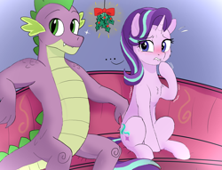 Size: 1878x1437 | Tagged: safe, artist:local sugar provider, derpibooru exclusive, spike, starlight glimmer, dragon, pony, unicorn, g4, adult, adult spike, anxious, blush lines, blushing, couch, cute, duo, female, hearth's warming, holly, holly mistaken for mistletoe, horn, imminent kissing, leaning back, lip bite, male, mare, nervous, older, older spike, raised hoof, scales, shaking, shaking hoof, ship:sparlight, shipping, shy, sitting, size difference, smiling, sparkles, straight, sweat, sweatdrop