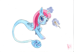 Size: 3508x2480 | Tagged: safe, artist:glimmycat, oc, oc only, oc:parcly taxel, alicorn, genie, genie pony, pony, ain't never had friends like us, albumin flask, project seaponycon, alicorn oc, bottle, female, food, horn, horn ring, levitation, looking at you, magic, mare, marshmallow, ring, smiling, smiling at you, solo, telekinesis, traditional art, wings