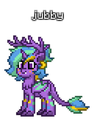 Size: 256x328 | Tagged: safe, artist:princess ice color twinkle, oc, oc:jubby, dracony, dragon, hybrid, pony, pony town, bat wings, chest hair, female, horn, leon tail, mare, purple skin, side horns, three toned mane, wings