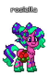 Size: 208x320 | Tagged: safe, artist:princess ice color twinkle, oc, oc:rosiella, pony, unicorn, pony town, bow, chest hair, eyelashes, female, green shoes, horn, mare, pink skin, ponytail, purple eyes, two toned mane, waist accessory