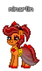 Size: 192x324 | Tagged: safe, artist:princess ice color twinkle, oc, oc:minarlin, earth pony, pony, pony town, clothes, crimson crown, crimson mane, crimson tail, eyelashes, eyeshadow, female, freckles, gold belt, jewelry, makeup, mare, necklace, ponytail, red bow, red ear accessory, red hooves