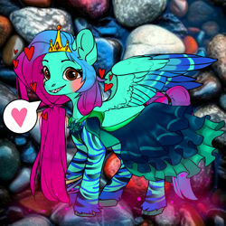 Size: 1024x1024 | Tagged: oc name needed, safe, oc, pegasus, avatar maker fantasy pony, background, blushing, chat bubble, clothes, colored wings, crown, eyelashes, feet design, female, green skin, gritted teeth, heart, jewelry, mare, regalia, spread wings, tail, teeth, teeth grinding, two toned mane, two toned tail, two toned wings, wings