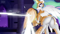 Size: 3840x2160 | Tagged: safe, artist:virenth, princess celestia, alicorn, pony, g4, action pose, armor, butt, combat, female, mare, plot, raised tail, shield, sunbutt, sword, tail, wallpaper, weapon