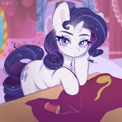 Size: 2048x2048 | Tagged: safe, artist:kitsu, artist:strawbee_fox, rarity, unicorn, g4, blue eyes, blushing, boutique, carousel boutique, cloth, ear fluff, eyelashes, eyeshadow, female, horn, looking at you, makeup, measuring tape, sewing, sewing needle, solo, solo female, sparkles, sparkly mane