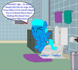 Size: 1432x1288 | Tagged: safe, artist:memeartboi, pegasus, pony, g4, bathroom, but why, carpet, colt, constipated, cute, eyes closed, foal, grunt, grunting, gumball watterson, imminent flush, implied farting, implied pooping, indoors, male, onomatopoeia, pegasus wings, ponified, pushing, sensitive, sitting, sitting on toilet, solo, sound effects, south park, speech bubble, spread wings, struggle, struggling, text, the amazing world of gumball, toilet, toilet humor, toilet paper, towel, trash can, ugh, weird, wings