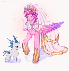 Size: 1925x2000 | Tagged: safe, artist:kitsu, artist:strawbee_fox, princess cadance, shining armor, alicorn, pony, unicorn, g4, blushing, chest fluff, clothes, collar, dress, duo, duo male and female, female, headdress, horn, long hair, long mane, male, messy mane, smiling, wedding dress