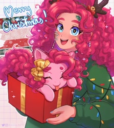 Size: 1829x2048 | Tagged: safe, artist:kitsu, artist:strawbee_fox, pinkie pie, human, pony, g4, antlers, blue eyes, blushing, bow, christmas, christmas lights, christmas sweater, clothes, eyes closed, female, gift wrapped, hair bow, holiday, messy hair, messy mane, open mouth, present, self paradox, self ponidox, small pony, smiling, sweater, tongue out