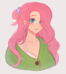 Size: 1829x2048 | Tagged: safe, artist:kitsu, artist:strawbee_fox, fluttershy, human, g4, blue eyes, blushing, bra, bra strap, clothes, female, flower, flower in hair, humanized, lace, looking at you, messy hair, pink hair, simple background, solo, solo female, underwear