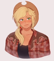 Size: 1829x2048 | Tagged: safe, artist:kitsu, artist:strawbee_fox, applejack, human, g4, applejack's hat, blonde hair, blushing, clothes, cowboy hat, female, food, freckles, hat, humanized, ponytail, shirt, solo, solo female, straw in mouth, wheat, yellow eyes