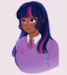 Size: 1828x2048 | Tagged: safe, artist:kitsu, artist:strawbee_fox, twilight sparkle, human, g4, black skin, blouse, blushing, collar, female, humanized, long hair, purple eyes, simple background, solo, solo female, straight hair, two toned hair