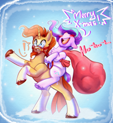 Size: 4295x4684 | Tagged: safe, artist:pozya1007, starlight glimmer, sunburst, pony, unicorn, g4, abstract background, blushing, christmas, cute, duo, duo male and female, female, glasses, gradient background, holiday, horn, looking left, male, mare, open mouth, ponies riding ponies, rearing, riding, riding a pony, santa sack, ship:starburst, shipping, stallion, straight, unshorn fetlocks, yelling