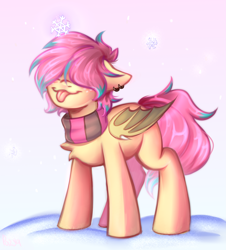 Size: 3895x4316 | Tagged: safe, artist:pozya1007, oc, oc only, oc:sherbet, bat pony, bat wings, chest fluff, clothes, cute, ear piercing, earring, female, folded wings, gradient background, hair covering face, jewelry, mare, piercing, scarf, smiling, snow, snowflake, solo, striped scarf, tongue out, wings, winter