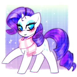 Size: 1410x1410 | Tagged: safe, artist:pozya1007, rarity, pony, unicorn, g4, clothes, cute, eyeshadow, female, horn, looking at you, makeup, mare, passepartout, scarf, signature, solo, striped scarf