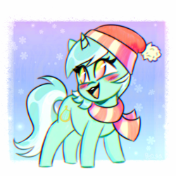 Size: 1418x1418 | Tagged: safe, artist:pozya1007, lyra heartstrings, pony, unicorn, g4, blushing, clothes, cute, female, hat, horn, lyrabetes, mare, open mouth, open smile, outdoors, passepartout, scarf, smiling, snow, snowfall, solo, striped scarf, winter