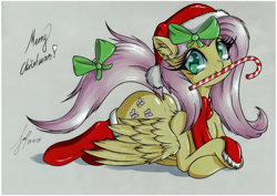 Size: 2457x1742 | Tagged: safe, artist:jacquibim, fluttershy, pegasus, pony, g4, bow, butt, candy, candy cane, christmas, clothes, ear fluff, female, food, hair bow, hat, high res, holiday, human shoulders, lying down, mare, merry christmas, mouth hold, plot, prone, santa hat, shoulder fluff, socks, solo, tail, tail bow