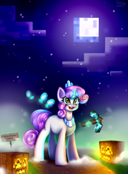 Size: 2508x3397 | Tagged: safe, artist:pozya1007, sweetie belle, pony, unicorn, don't mine at night, g4, blank flank, cloud, cute, diamond, diamond pickaxe, diasweetes, female, filly, foal, glowing, glowing horn, halloween, holiday, horn, jack-o-lantern, jewelry, levitation, magic, magic aura, minecraft, moon, night, night sky, outdoors, pickaxe, pumpkin, sky, solo, stars, telekinesis