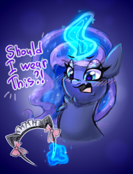 Size: 2508x3285 | Tagged: safe, artist:pozya1007, princess luna, alicorn, pony, g4, blushing, bust, cat ears, cute, fake ears, female, glowing, glowing horn, horn, levitation, magic, magic aura, mare, open mouth, portrait, solo, talking, telekinesis