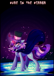 Size: 2508x3541 | Tagged: safe, artist:pozya1007, oc, oc only, oc:flawless sparklemoon, pony, unicorn, my little pony the movie: the death of twilight sparkle, angry, eyes open, female, fusion, fusion:trixie, fusion:twilight sparkle, fusion:twixie, hat, horn, looking at you, magic, mare, open mouth, open smile, smiling, smiling at you, solo, sparkles, sparkly eyes, unicorn oc, water, wingding eyes