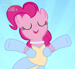 Size: 738x681 | Tagged: safe, artist:jemimasparkle, edit, edited screencap, screencap, pinkie pie, earth pony, pony, a friend in deed, g4, my little pony: friendship is magic, blue background, cinderella, clothes, cropped, cute, diapinkes, dress, evening gloves, eyes closed, female, gloves, gown, hooves in air, jetlag productions, jewelry, long gloves, mare, necklace, open mouth, open smile, pearl necklace, poofy shoulders, simple background, smiling, solo