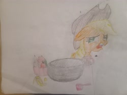 Size: 4096x3072 | Tagged: safe, artist:victoric1993, applejack, earth pony, applebuck season, g4, my little pony: friendship is magic, banana, bowl, carrot, cucumber, disgusted, food, mug, pear, tomato, traditional art