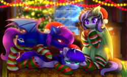 Size: 3500x2129 | Tagged: safe, artist:taiweiart, oc, oc only, oc:dolores, oc:purple hole, oc:shiny dust, bat pony, unicorn, bat pony oc, biting, christmas, christmas tree, clothes, cute, ear bite, happy new year, happy new year 2024, hat, holiday, horn, santa hat, socks, striped socks, tree, unicorn oc, window