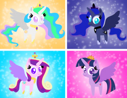 Size: 1280x991 | Tagged: safe, artist:mlplary6, princess cadance, princess celestia, princess luna, twilight sparkle, alicorn, pony, g4, female, mare, pointy ponies, twilight sparkle (alicorn)