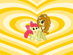 Size: 953x720 | Tagged: artist needed, safe, anonymous artist, artist:90sigma, artist:estories, adagio dazzle, apple bloom, earth pony, pony, unicorn, g4, adorabloom, apple bloom's bow, bow, crack shipping, cute, duo, female, filly, foal, gem, grin, hair bow, heart, heart background, horn, lesbian, looking at each other, looking at someone, mare, open mouth, open smile, ponified, ship:adagbloom, shipping, siren gem, smiling, smiling at each other, unicorn adagio dazzle