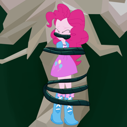 Size: 2500x2500 | Tagged: safe, artist:nie-martw-sie-o-mnie, pinkie pie, human, equestria girls, g4, bondage, boots, clothes, eyes closed, female, gag, shoes, skirt, solo, tied to tree, vine, vine bondage, vine gag