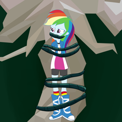 Size: 2500x2500 | Tagged: safe, artist:nie-martw-sie-o-mnie, rainbow dash, human, equestria girls, g4, bike shorts, bondage, boots, clothes, dashsub, female, femsub, gag, shoes, skirt, solo, submissive, tied to tree, vine, vine bondage, vine gag