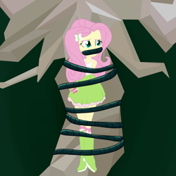 Size: 2500x2500 | Tagged: safe, artist:nie-martw-sie-o-mnie, fluttershy, human, equestria girls, g4, bondage, boots, butterfly hairpin, clothes, female, fluttershy's skirt, gag, shoes, skirt, solo, tied to tree, vine, vine bondage, vine gag