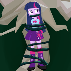 Size: 2500x2500 | Tagged: safe, artist:nie-martw-sie-o-mnie, twilight sparkle, human, equestria girls, g4, bondage, boots, bowtie, clothes, female, gag, shoes, skirt, solo, tied to tree, twilight sparkle's skirt, vine, vine bondage, vine gag