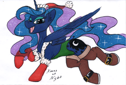 Size: 1200x811 | Tagged: safe, artist:sepiakeys, princess luna, alicorn, pony, g4, boots, christmas, clothes, hat, holiday, leotard, santa hat, shoes, solo, traditional art