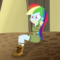 Size: 2500x2500 | Tagged: safe, artist:nie-martw-sie-o-mnie, rainbow dash, human, equestria girls, equestria girls specials, g4, my little pony equestria girls: movie magic, bondage, boots, bound and gagged, cloth gag, clothes, dashsub, explorer outfit, female, femsub, gag, high heel boots, otm gag, rope, rope bondage, shoes, shorts, sitting, solo, submissive