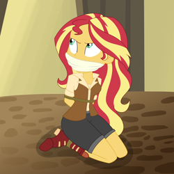 Size: 2500x2500 | Tagged: safe, artist:nie-martw-sie-o-mnie, sunset shimmer, human, equestria girls, equestria girls specials, g4, my little pony equestria girls: movie magic, bondage, boots, bound and gagged, cloth gag, clothes, explorer outfit, female, gag, high heel boots, kneeling, looking up, otm gag, rope, rope bondage, shoes, shorts, solo