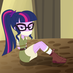 Size: 2500x2500 | Tagged: safe, artist:nie-martw-sie-o-mnie, sci-twi, twilight sparkle, human, equestria girls, equestria girls specials, g4, my little pony equestria girls: movie magic, bondage, boots, bound and gagged, cloth gag, clothes, explorer outfit, female, gag, glasses, looking at you, narrowed eyes, otm gag, ponytail, rope, rope bondage, sci-twi outfits, shoes, sitting, socks, solo