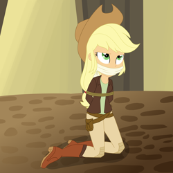 Size: 2500x2500 | Tagged: safe, artist:nie-martw-sie-o-mnie, applejack, human, equestria girls, equestria girls specials, g4, my little pony equestria girls: movie magic, bondage, boots, cloth gag, clothes, explorer outfit, female, gag, high heel boots, indiana jones, kneeling, looking up, otm gag, rope, rope bondage, shoes, sitting, solo