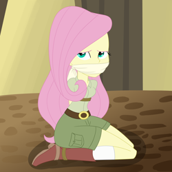 Size: 2500x2500 | Tagged: safe, artist:nie-martw-sie-o-mnie, human, equestria girls, equestria girls specials, g4, my little pony equestria girls: movie magic, bondage, boots, bound and gagged, cloth gag, clothes, explorer outfit, female, gag, kneeling, looking at you, narrowed eyes, otm gag, rope, rope bondage, shoes, shorts, socks, solo