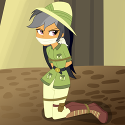 Size: 2500x2500 | Tagged: safe, artist:nie-martw-sie-o-mnie, chestnut magnifico, daring do, human, equestria girls, equestria girls specials, g4, my little pony equestria girls: movie magic, bondage, boots, bound and gagged, cloth gag, clothes, explorer outfit, female, gag, hat, kneeling, narrowed eyes, otm gag, pith helmet, rope, rope bondage, shoes, solo