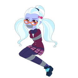 Size: 2500x2500 | Tagged: safe, artist:nie-martw-sie-o-mnie, sugarcoat, human, equestria girls, g4, bondage, bound and gagged, bowtie, clothes, crystal prep academy uniform, gag, glasses, hairpin, leggings, looking at you, necktie, pantyhose, pigtails, plaid skirt, school tie, school uniform, schoolgirl, shoes, simple background, skirt, tape, tape bondage, tape gag, transparent background, twintails, uniform