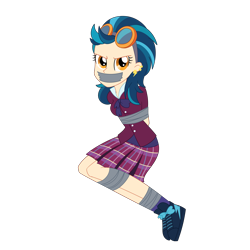 Size: 2500x2500 | Tagged: safe, artist:nie-martw-sie-o-mnie, indigo zap, human, equestria girls, g4, bondage, bound and gagged, bowtie, clothes, crystal prep academy uniform, ear piercing, earring, female, gag, goggles, goggles on head, human female, jewelry, looking at you, piercing, pleated skirt, school uniform, simple background, skirt, tape, tape bondage, tape gag, transparent background, uniform