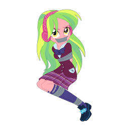 Size: 2500x2500 | Tagged: safe, artist:nie-martw-sie-o-mnie, lemon zest, human, equestria girls, g4, bondage, bound and gagged, bowtie, clothes, crystal prep academy uniform, gag, headphones, kneesocks, looking at you, pleated skirt, school uniform, simple background, skirt, socks, tape, tape bondage, tape gag, transparent background