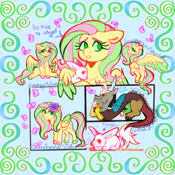 Size: 1280x1280 | Tagged: safe, artist:sweetmelon556, angel bunny, discord, fluttershy, pony, g4, alternate design, alternate hair color, alternate mane color, alternate universe, colored wings, friendshipping, two toned wings, wings