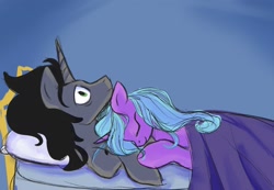 Size: 1902x1314 | Tagged: safe, artist:amanecerlobo, king sombra, radiant hope, pony, unicorn, g4, bed, cuddling, cuddling in bed, female, horn, in bed, male, ship:hopebra, shipping, straight